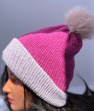 Pink with a light violet brim colors Knit beanie with faux fur pom-pom