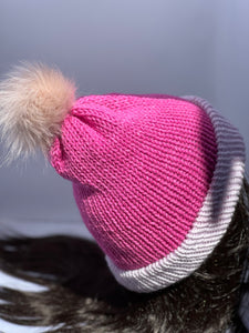 Pink with a light violet brim colors Knit beanie with faux fur pom-pom