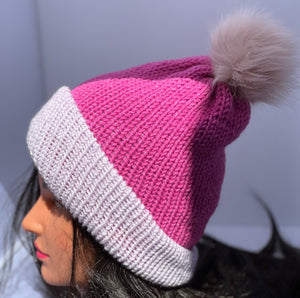 Pink with a light violet brim colors Knit beanie with faux fur pom-pom