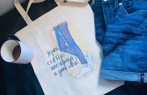 Coffee and jeans shopping tote bag