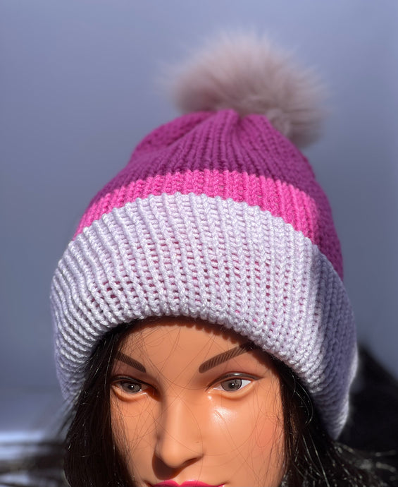 Pink with a light violet brim colors Knit beanie with faux fur pom-pom