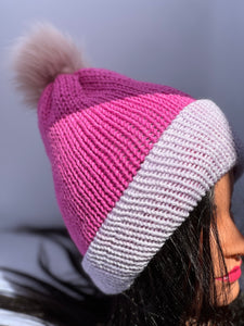 Pink with a light violet brim colors Knit beanie with faux fur pom-pom